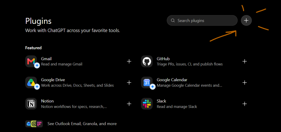 ChatGPT plugins gallery with the add button highlighted in the top right