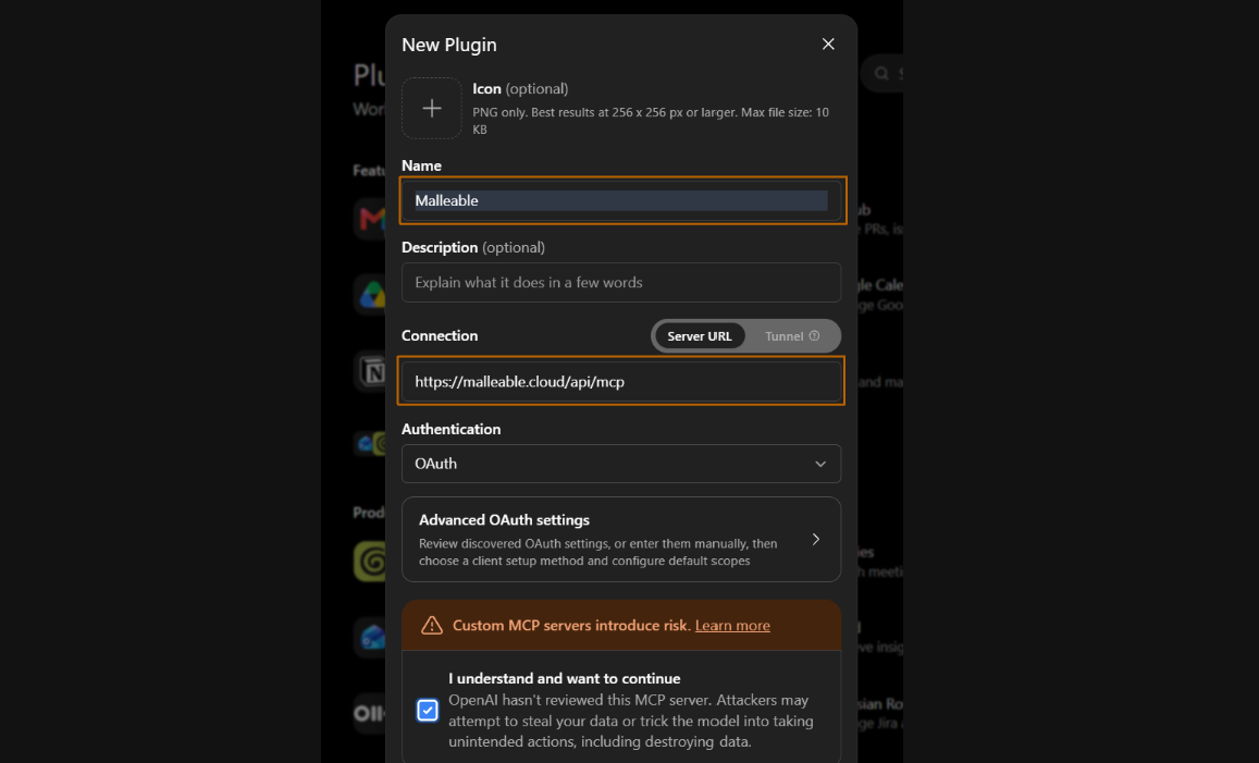 ChatGPT new plugin dialog with the Malleable server URL and OAuth authentication