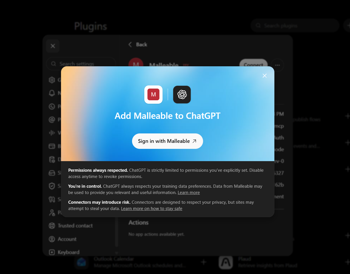 Add Malleable to ChatGPT dialog with the Sign in with Malleable button