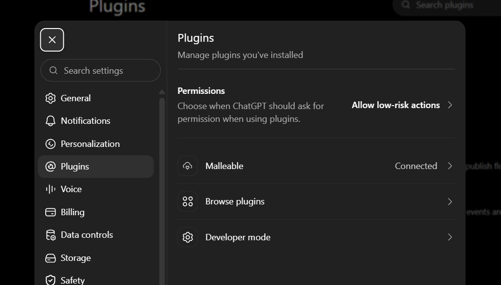 ChatGPT plugins settings showing Malleable connected